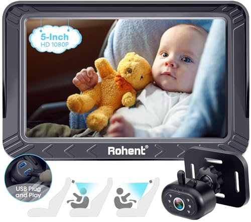 Rohent Baby Car Camera - 5-Inch HD 1080P, Night Vision, Easy Install, Rear & Forward-Facing Seat, USB Powered Baby for Car, Safety for Infants and Kids, No Tools Required