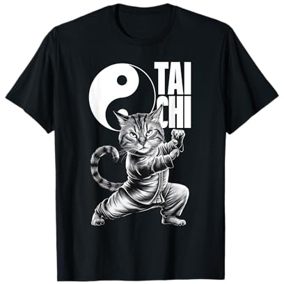 Kawaii Cat Demonstrating Tai Chi Martial Arts Yin & Yang T-Shirt, Small, Black