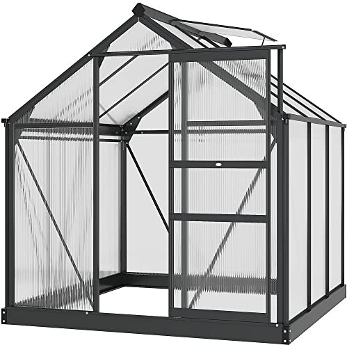 Outsunny Gewächshaus für den Garten, Polycarbonat, 3,65 m², Aluminium, für den Garten, 190 x 192 x 201 cm, UV-beständig 30+, mit verstärktem Fundament, Dachrinne, Dachfenster und Schiebetür, grau