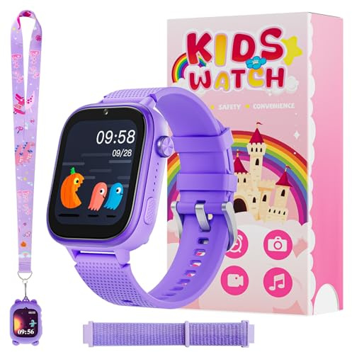 OKYUK 4G Kinder smartwatch, smartwatch Kinder mit GPS und Telefon,Armbanduhr Junge mädchen,mit Video Phone Call, Nachrichten, Schulmodus, SOS-Funktion, Kamera und Schrittzähler (Lila)