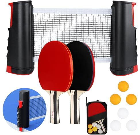 KIMIGO Tischtennisschläger Set,2 Schläger,6 Bälle,Einziehbares Tischtennisnetz und Tragetasche,Mobiles Tischtennis Set für Anfänger und Fortgeschrittene,Ideal für Indoor und Outdoor Spiele