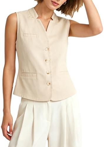 YOUNIFIZ Damen-Leinenweste, lässig, ärmellos, Knopfleiste, Leinenblazer, leicht, V-Ausschnitt, Weste mit Tasche, 130_Beige, M