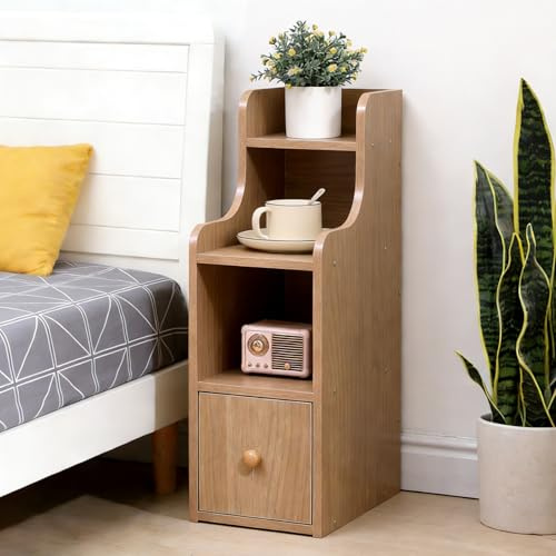 Sanery Slim Bedside Table with 1 Drawer 2 Shelves, Living Room Sofa Side End Table, Compact Wooden Lamp Table Telephone Table for Home Office Hallway, Narrow Nightstand for Bedroom, Walnut