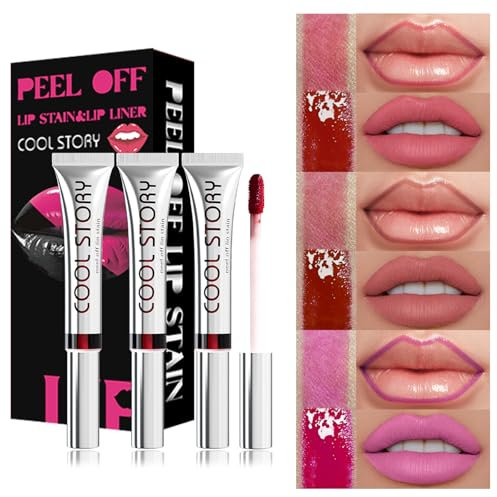 3PCS Peel Off Lip Stain Lip Tint Set, Matte Lipstick & Lip Liner, Waterproof Long Lasting Peel Off Lip Gloss, Lip Liner Lip Makeup Kit (Color, Set B)