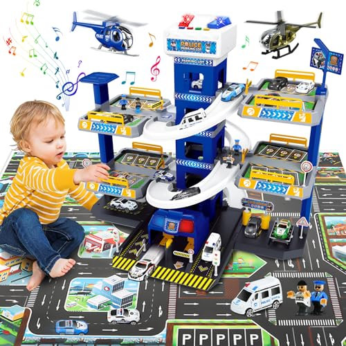 FORMIZON 5 Etages Garage pour Enfants, Parking pour Les Enfants avec Garage, Ascenseur, Station-Service et Carte, Jouet Garage Voiture avec 8 Voitures et 3 Hélicoptère pour Garçons 3+ Ans (Bleu)