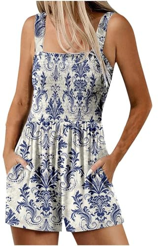 Mrat Women's Summer Casual Jumpsuits Smocked Rompers Floral Print Playsuit Square Neck Sleeveless Boho Dungarees Adjustable Shoulder Straps Lightweight Overalls Loose Fit Jumpsuit