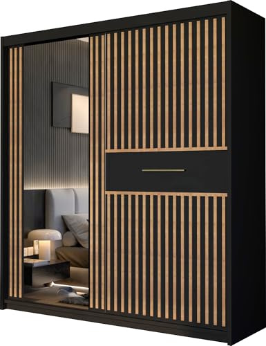 FURNITUREWAVE Modern sliding Wardrobe with Mirrored Door | Bedroom Cabinet with Hanging Rails & Shelves (150cm, Black)
