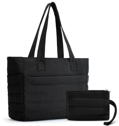 Axcone Bolso acolchado de mujer,Bolso ligero con compartimentos,Bolso de hombro acolchado para trabajo,viaje,gimnasio(DS001-Black)