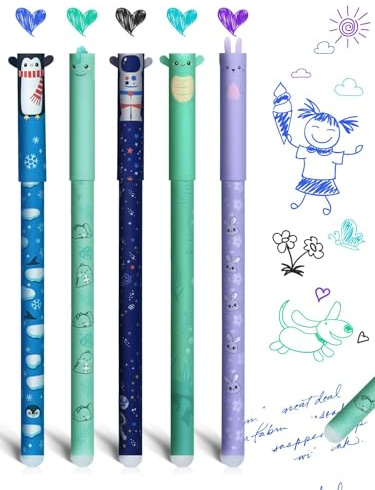 GutSache Lot de 5 stylos gel effaçables avec encre sensible à la chaleur, 0,7 mm, stylos roller effaçables, motifs pingouin, lapin, dinosaure, tortue, astronaute, différentes couleurs d'encre et