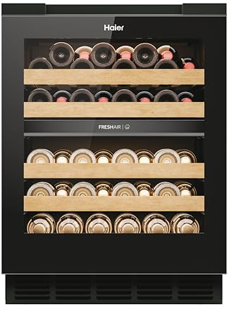 Haier Einbau-Weinkühlschrank Wine Bank 60 Series 6 I 60 cm Breite I 44 Flaschen Weinklimaschrank mit 2 Temperaturzonen I UV-Glastür, Holzregale, Wi-Fi I HUC44GDEH1