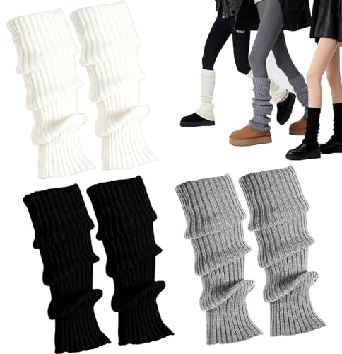 AEMCHDM 3 Paia Scalda Muscoli da Donna, 40CM Warmer Gamba Ginocchio, Taglia Unica Legwarmer Inverno Stivali, Scaldamuscoli a Costine Calzini Lunghi per Balletto per Casual da Festa(Nere Bianco Grigio)
