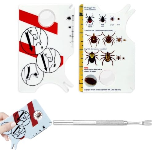 AEUXZA Set Rimozione Zecche 2 Pezzi: Carta con Lente d'Ingrandimento e Scala + Rimuovi Zecche in Acciaio Inox a Doppia Estremità – Sicuro ed Efficace per Persone, Cani, Gatti e Animali Domestici
