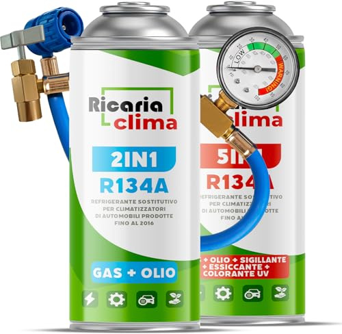 Ricaria Clima - 5in1 - Air Con Recharge R134a + R134a XL + Hose, 235g per can, for Car Air Conditioning, Containing Oil, Sealant, UV Dye and Desiccant – Protects the Compressor