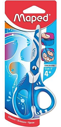 Maped - Ciseaux Zenoa Fit 13 cm avec Anneaux Asymétriques Intérieur Souple - Lamelles Décorées et Amorties Anti-Douleur - Scolaires dès 4 Ans - Bleu