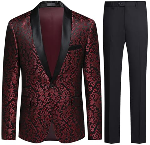 Allthemen Traje de Esmoquin Jacquard Ajustado de 2 Piezas para Hombre para graduación de Fiesta de Boda Rojo XL