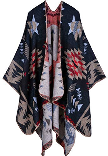 Lifetooler Women's Elegant Knitted Poncho Cape Open Front Cardigan Reversible Oversized Shawl Wrap for Spring, Fall Winter