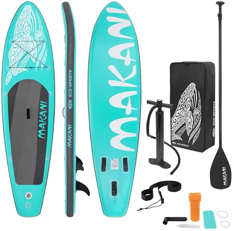 ECD Germany Tabla Hinchable de Paddle Surf Sup Makani 320 x 80 x 15 cm de PVC con Bomba de Aire, Bolsa de Transporte y Accesorios, Placa Stand Up para Adulto y Niño Carga hasta 120 kg, Azul Turquesa