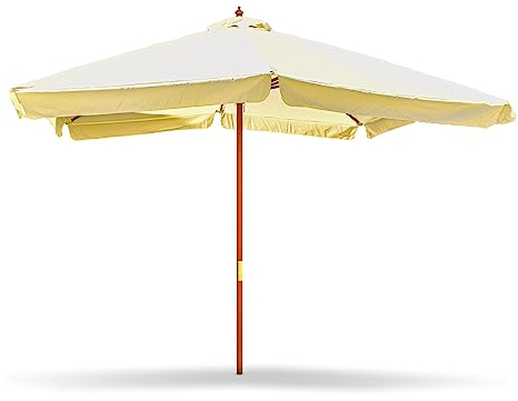 FRANKYSTAR IRUY - Sombrilla de jardín 3 x 3 metros cuadrada con palo central de 48 mm de diámetro de madera natural y lona de poliéster con borde de 50 mm. 300 x 300 x 260 cm, 300x300 cm