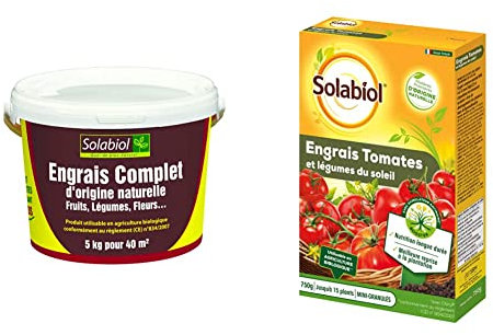 Solabiol SOCOMP5 Engrais Complet - Fruits, Légumes, Fleurs | Seau 5 Kg Utilisable en Agriculture Biologique & SOTOMY750 Engrais Tomates et Légumes Fruits | Utilisable en Agriculture Biologique, 750 g