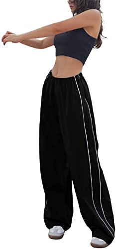 Springrain Womens Wide Leg Track Pants Slouchy Stripe Detail Jogger Sweatpants with Pockets(Black-S)