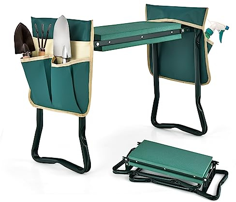 RELAX4LIFE Agenouilloir de Jardin, Tabouret de Jardinage Pliable avec 2 Sacs à Outils, Coussinet Epais en Eve Charge 150kg, Banc de Jardinage Polyvalent, 58x27,5x50cm(Tabouret Plus+| 2 Sac, Vert)