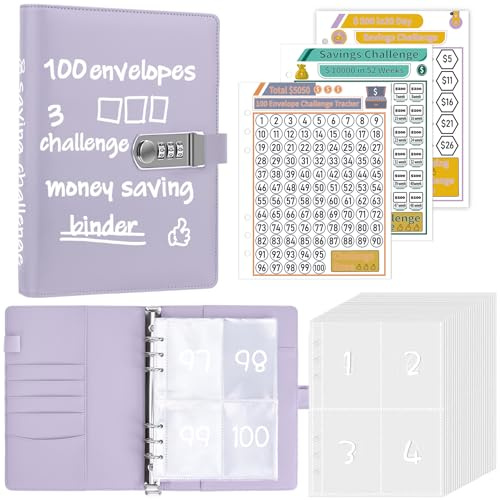 Antner 100 Envelopes Money Saving Challenge with Password Lock, A5 Savings Challenges Book Budget Planner with Cash Envelopes for Money Saving - Password Lock to Protect Cash Security, Purple