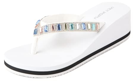 VICT POPU Flip Flops Damen Glitzer Keilsandalen Plateau Elegant Für Sommer Pantoletten Flach Rutschfeste Strand Zehentrenner Sandalen Weiß EU 38