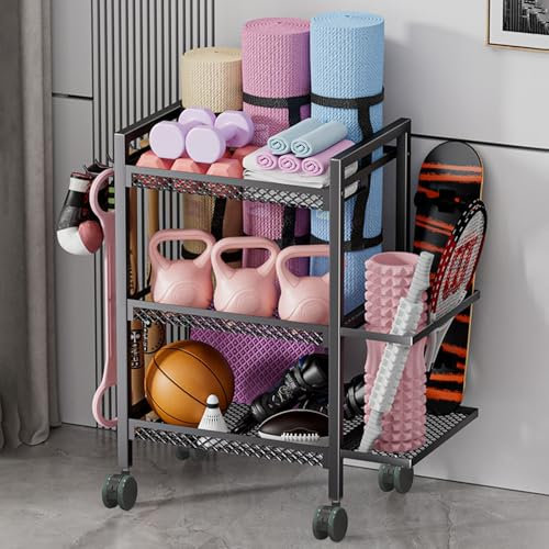 Hantelständer,Yoga Matte Regal mit Rollen & 7 Haken,Zuhause und Fitnessstudio Lagerregal,Yoga-Matte,Trainingsgeräte-Organizer mit Rädern,Mindesttragfähigkeit 40 kg (Schwarz)