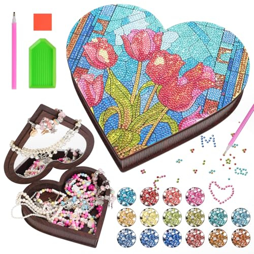 AUAUY DIY diamantkonst smyckeskrin, diamantmålning, hantverk, förvaringsbehållare, kristall, diamantkonst, smyckeskrin, förvaring, organiserare, träringar, halsband, låda för flickor, konst, hantverk,