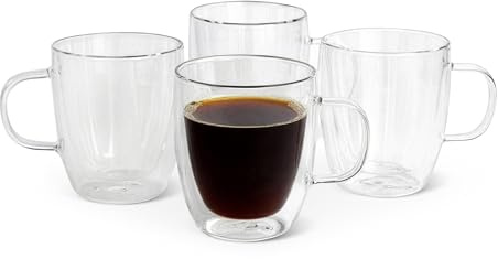 Amazon Basics Tazas de Café de Cristal de Doble Pared, Juego de 4 Piezas, 341ml, Aptas para Lavavajillas
