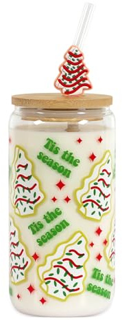 Joyseller Christmas Gift Glass Cup, Christmas Iced Coffee Tumbler with Festive Holiday Tree Cakes Design, 18oz Reusable Beer Can Drinking Glass for Holiday Tea & Winter Beverages