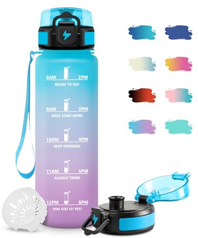 Botella de Agua Gimnasio 1L Cantimplora con Filtro, Fácil de Abrir, Reutilizable, Botella Agua Motivadora y Prueba de Fugas, Cantimplora para Niños, Adulto, Escuela, Bicicleta, Senderismo, Yoga