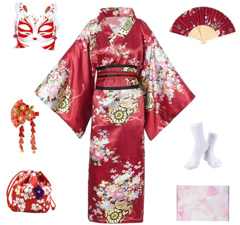 YOOCHUENG 8 Pcs Kimono Femme Déguisement Japonais Femme -Taille Unique (Convient EU 44-52) Yukata Robe, Ensemble Cosplay Anime avec Masque,Ceinture Réglable, Coffret Cadeau Inclus