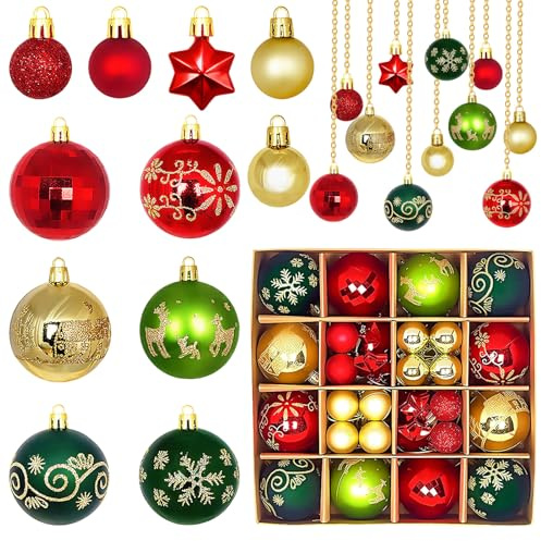 Moerstar 44 Pezzi Palline di Natale, Set Palline Albero di Natale, Decorazioni Natalizie per Albero, Ornamenti Palle Natalizie Rosso Verde Oro Bianco Rosa per Decorazioni Feste (Stile C)