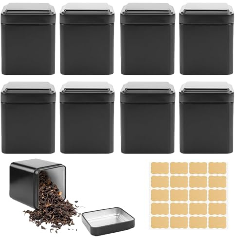 AXVRAV 10 Stück Klassische Eckige Teedose, 7 x 7 x 8.5 cm Teedosen für Losen Tee, inkl 20 Etiketten, Metall Aromadichte Teedosen Set, Tee Aufbewahrung für Tee, Kaffee, Zucker (Schwarz)