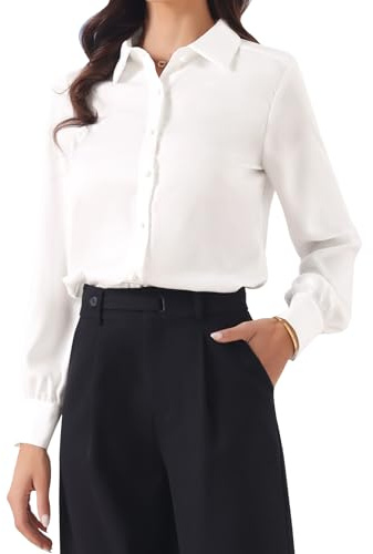 Allegra K Blusa de satén para Mujer, Manga Larga Cuello Solapa, Camisa Casual de Negocios con Botones Blanco S
