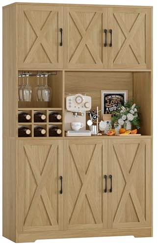 HOCSOK Credenza Cucina, Alta Dispensa Cucina con 6 Armadietti, Rimovibile Portabottiglie da parete con porta calici, Microonde con Ripiani Aperti, mobile soggiorno, Bianco (Marrone)