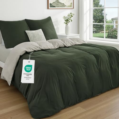 Duvetnova King Size Duvet Cover Sets Olive Green/Beige Reversible Soft Brushed Microfiber Bedding Set with Zipper Closure OEKO-TEX Wrinkle-Free 230x220cm with 2 Pillow Cases