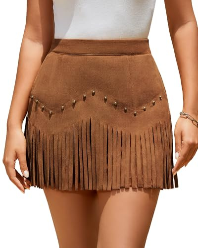 TRIWORKS Women Suede Fringe Mini Skirt with Rivets High Waist Elastic Western Cowgirl Skirts with Zipper Country Concert Outfit XS-XL
