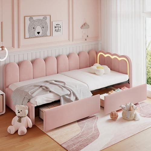 Mrwoo 3ft Single Daybed, Sofa Bed Frame with LED Lights and 2 Storage Drawers, Youth Bed with Scalloped Backrest and Wooden Slats, Velvet, Pink (No Mattress)