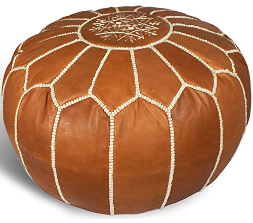 MARRAKESH STYLE Cómodo puf otomano de cuero, funda de puf marroquí hecha a mano sin relleno, puf redondo y reposapiés, perfecto para salas de estar, dormitorios y habitación de los niños, color marrón