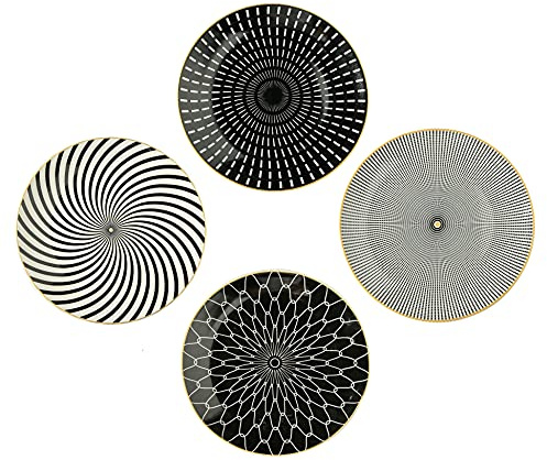 YCBH 8 Inch Set of 4 Assorted Designs, Porcelain Plates With Patterns,Black Ceramic Dessert Plates, Dishware with Golden Rim for Sandwiches Salad Pasta, Microwave Oven Dishwasher Safe (A)