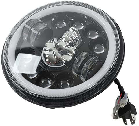 Fydun Faro LED 7 Pollici Moto, 12V Faro Anteriore Universale, Luce Bianca, Modello Testa di Teschio, 6000K Faro Angel Eye Rotondo LED Moto Completo Impermeabile con Spina H3 per Uso Esterno