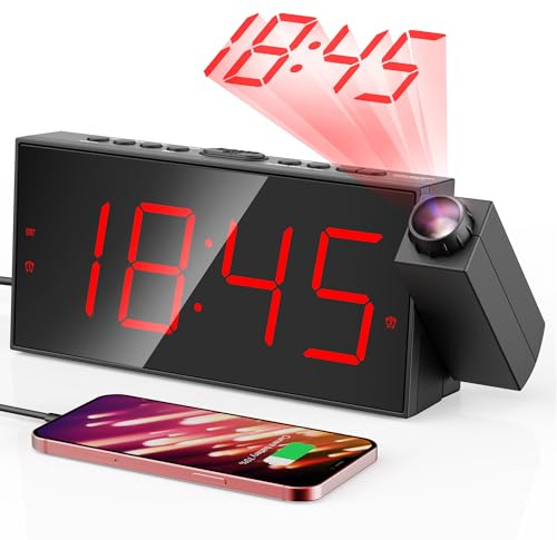 Mesqool Projection Alarm Clock, Digital Clock with 180° Rotatable Projector, 5-Level Brightness Dimmer, Clear LED Display, USB Charger, Progressive Volume, 9mins Snooze,12/24H, for Bedroom