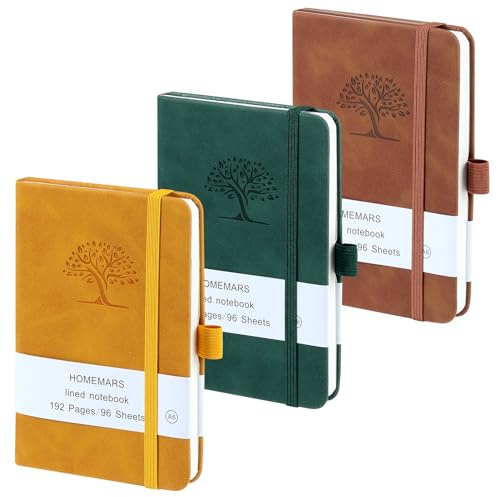 Anteckningsbok A6, set med 3 anteckningsböcker, liten, 14,4 cm x 9,6 cm anteckningsblock, brun, gul, grön, 192 sidor, anteckningsblock, a6, journal, resedagbok, anteckningsbok läder, präglingsdesign