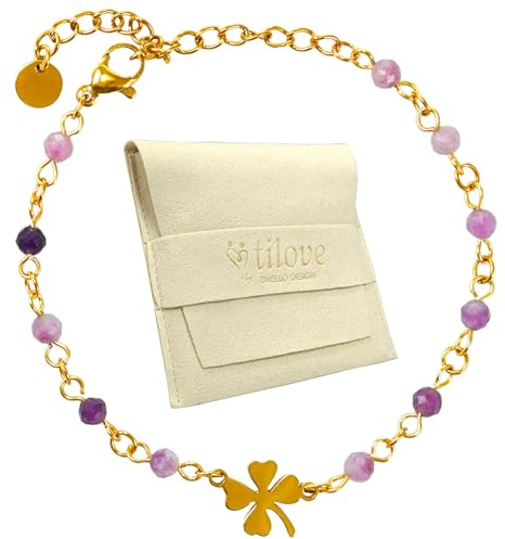 TILOVE - Bracelet en Pierre Naturelle d’Améthyste Lithothérapie pour Femme avec Trèfle Porte Bonheur en Acier Inoxydable. Conçu en France. Bracelet Chakra Bien Être. Idée Cadeau Femme, Fete des Mères