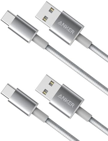Anker USB C Charger Cable, 2-Pack 1 ft USB to USB C Cable, USB A to USB C Braided Phone Charger Cable for iPhone 17/16/15, iPad Pro, Samsung Galaxy, MacBook Pro,and More(Silver