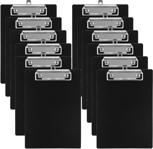 LDHHYH 12-pack Klemmbord A5 Svart Plast, Skrivplatta med Klämma och Upphängningshål, Clipboard A5 för Kontor, Skola, Meny, Checklistor och Hemorganisation