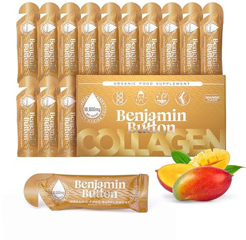 Benjamin Button Marine Collagen Liquid Sachet w/Hyaluronic Acid & Vitamin C | for Hair, Skin, Nails & Joints | 12,000mg High Strength Hydrolysed Collagen (Mango, 14x Sachets)