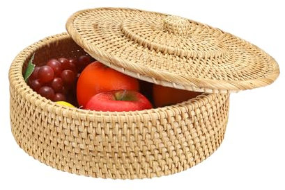IGNPION Rattan Storage Basket with lid Table Decorative Wicker Storage Baskets for Shelf &Desktop Woven Kitchen Fruit Bread Basket Egg Holder Bowl(26x11cm)